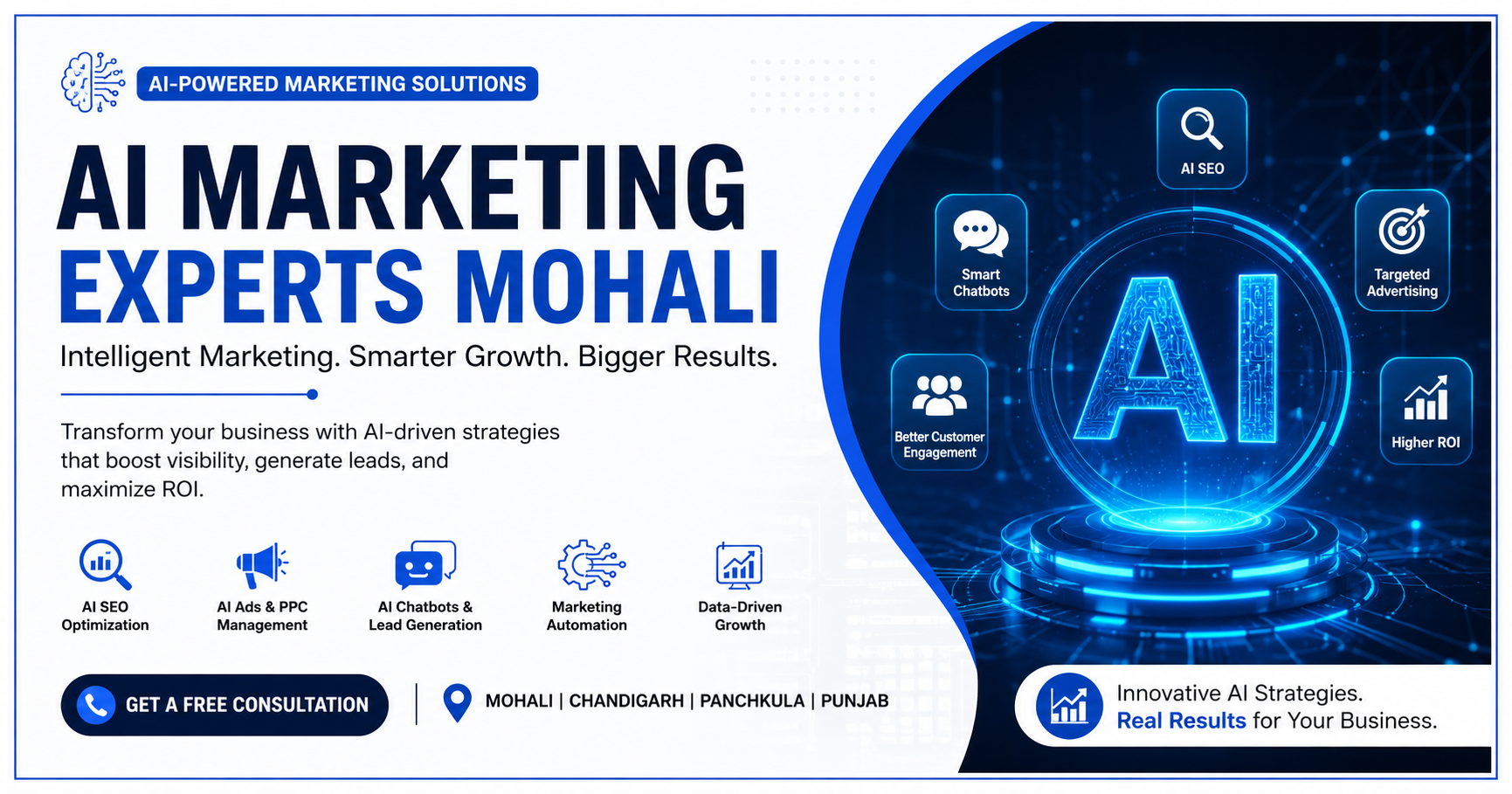 AI Marketing Experts Mohali offering AI-powered SEO, advertising, lead generation, chatbots, marketing automation, and business growth solutions.