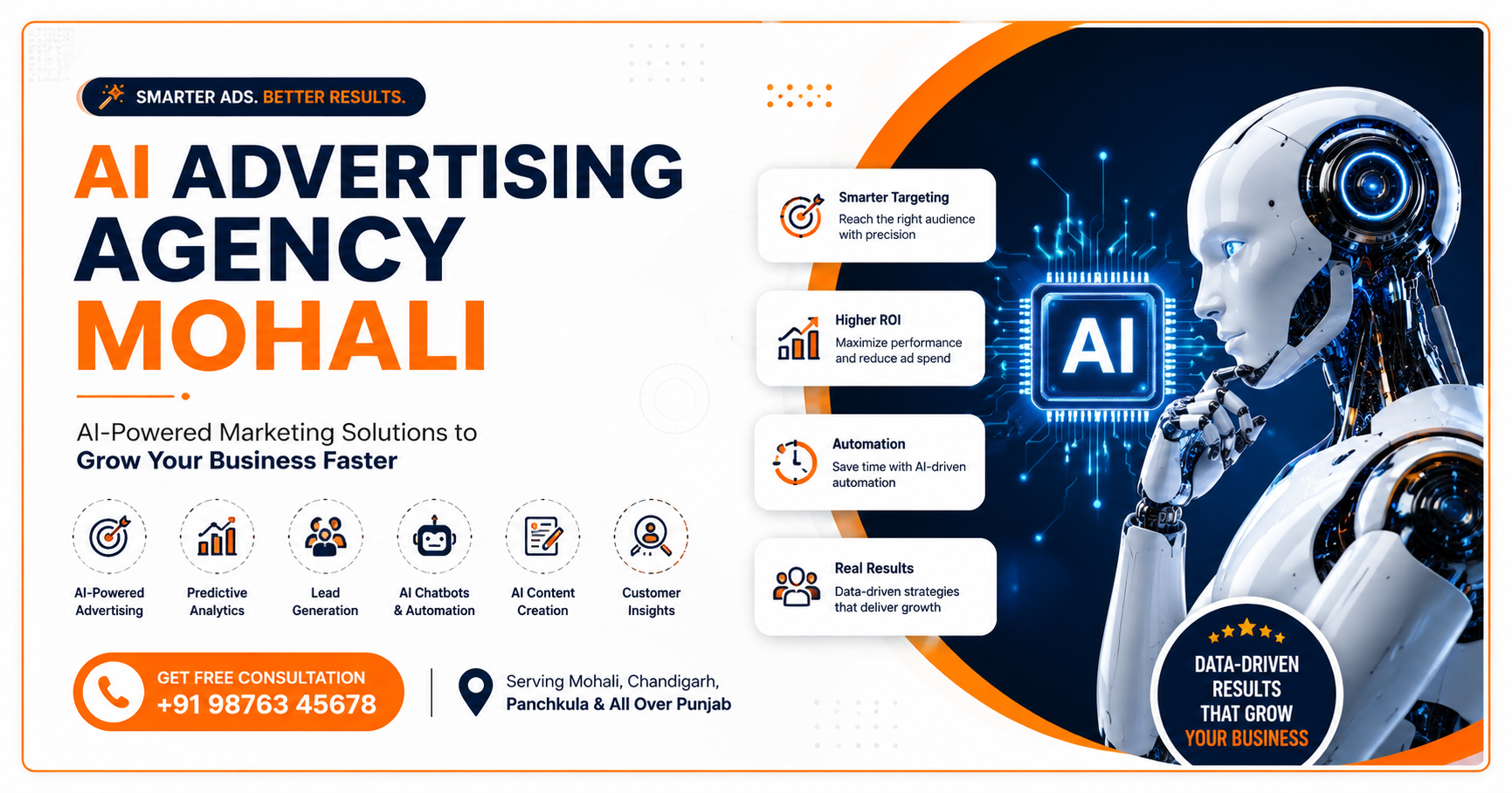 AI Advertising Agency Mohali offering AI-powered advertising, lead generation, predictive analytics, chatbots, and digital marketing solutions for business growth.