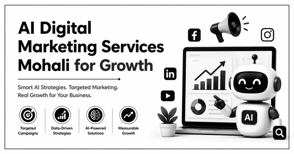 Black and white AI digital marketing banner featuring a modern AI robot, analytics dashboard, social media icons, and the headline "AI Digital Marketing Services Mohali for Growth" on a clean professional background.