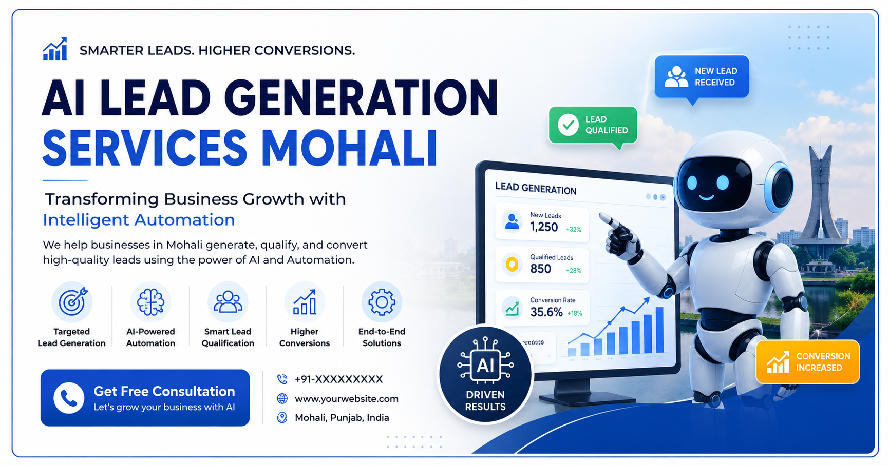 AI Lead Generation Services Mohali showcasing AI-powered lead generation, lead qualification, sales automation, and business growth solutions
