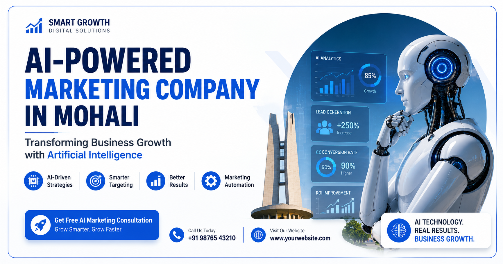 AI-Powered Marketing Company in Mohali banner featuring a futuristic AI robot, digital marketing analytics dashboard, lead generation metrics, automation tools, and business growth solutions on a modern blue and white background