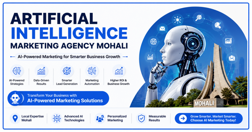 Artificial Intelligence Marketing Agency Mohali banner featuring AI-powered digital marketing solutions, marketing automation, lead generation, SEO services, and business growth strategies.
