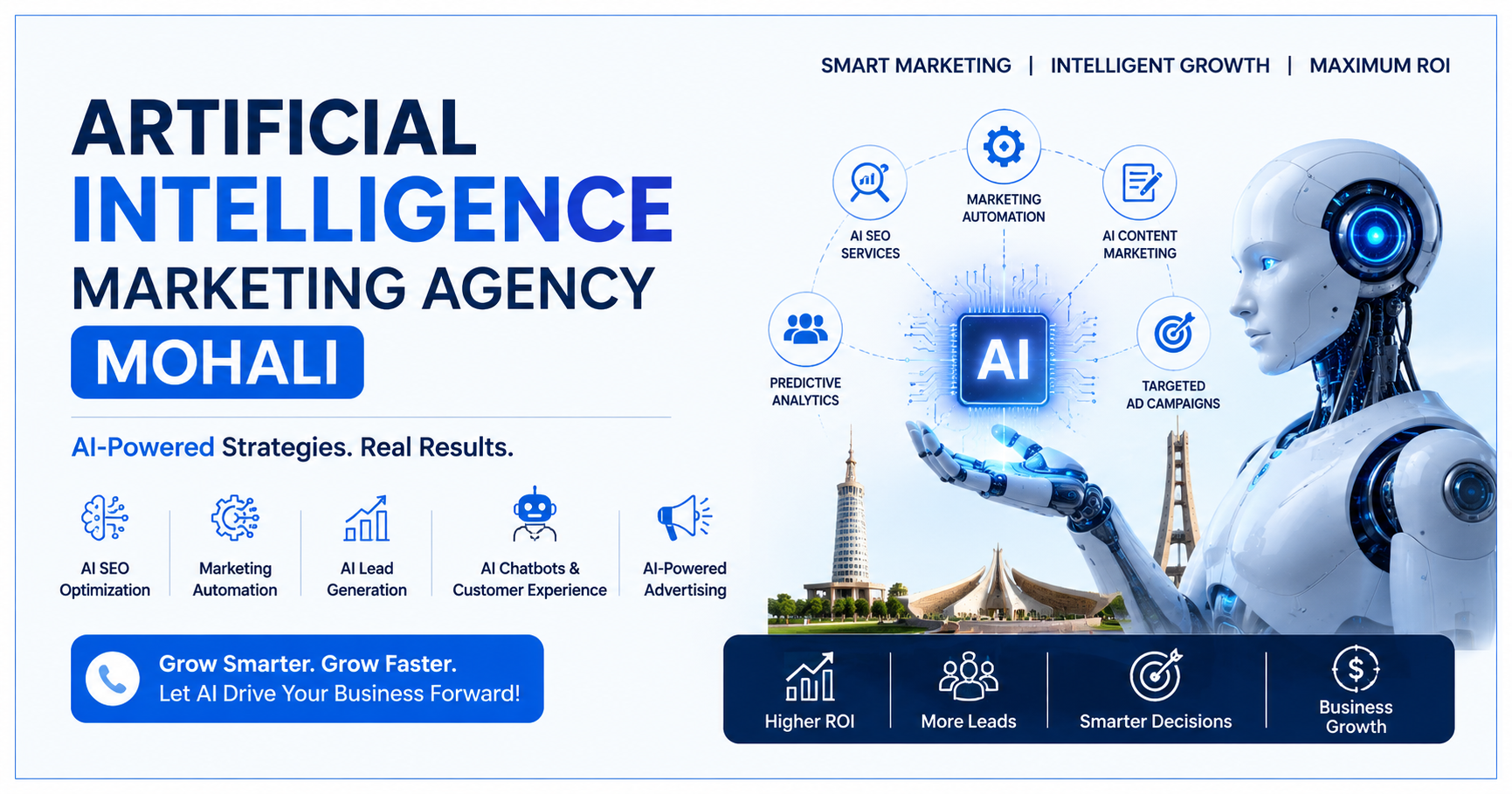 Artificial Intelligence Marketing Agency Mohali offering AI SEO services, marketing automation, AI lead generation, content marketing, and business growth solutions.