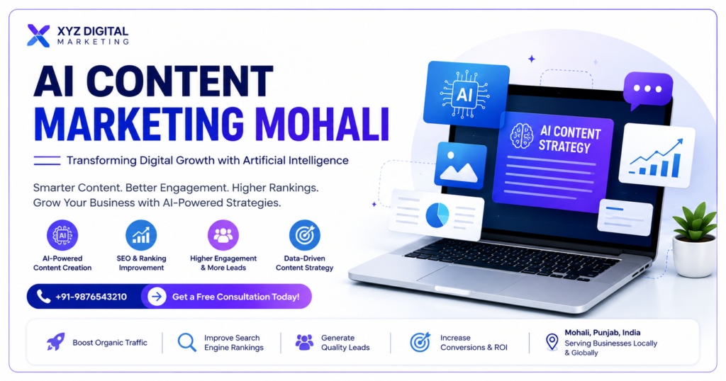 AI Content Marketing Mohali banner showcasing AI-powered content creation, SEO optimization, lead generation, and digital marketing strategies for business growth.
