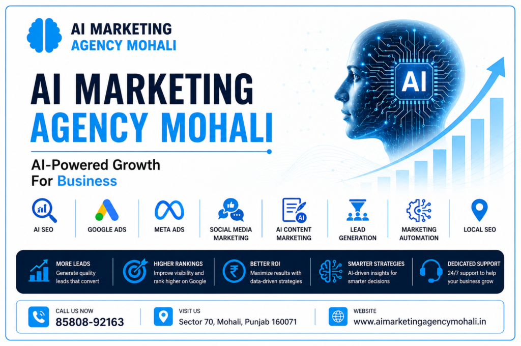 AI Marketing Agency Mohali offering AI-powered digital marketing services, including AI SEO, Google Ads, Meta Ads, social media marketing, lead generation, and marketing automation for business growth.