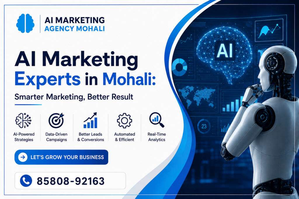 AI Marketing Experts in Mohali banner featuring AI-powered marketing strategies, data-driven campaigns, better leads and conversions, automation, and real-time analytics.