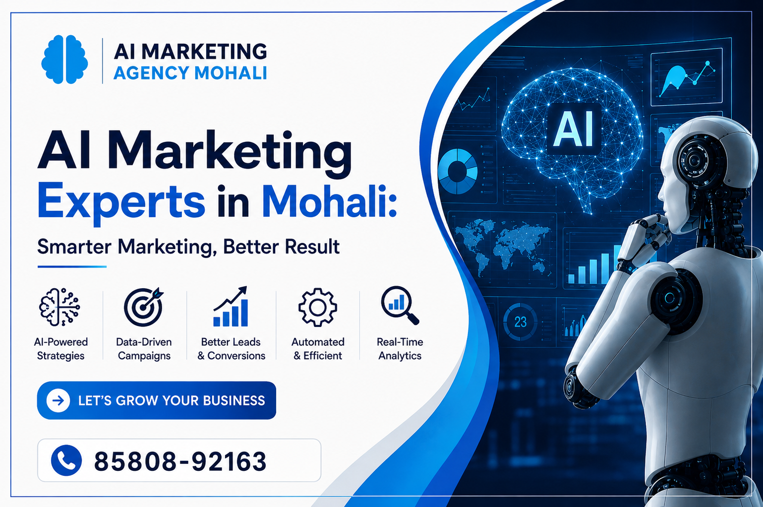 AI Marketing Experts in Mohali banner featuring AI-powered marketing strategies, data-driven campaigns, better leads and conversions, automation, and real-time analytics.